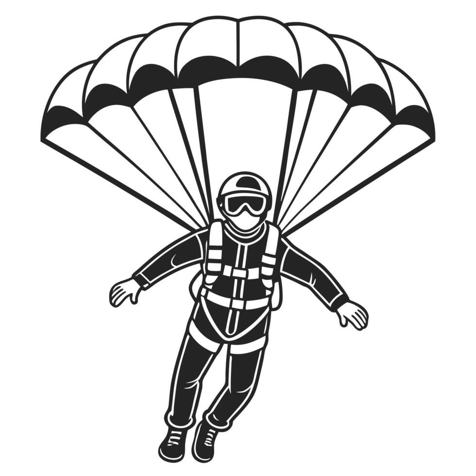 Monochrome skydiver illustration man in parachute gear isolated art vector