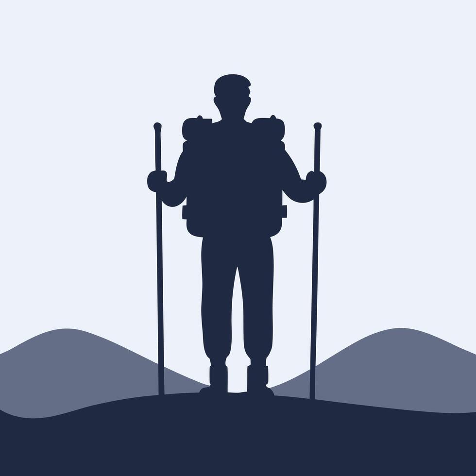 Hiker silhouette illustration with backpack and trekking poles in mountains vector