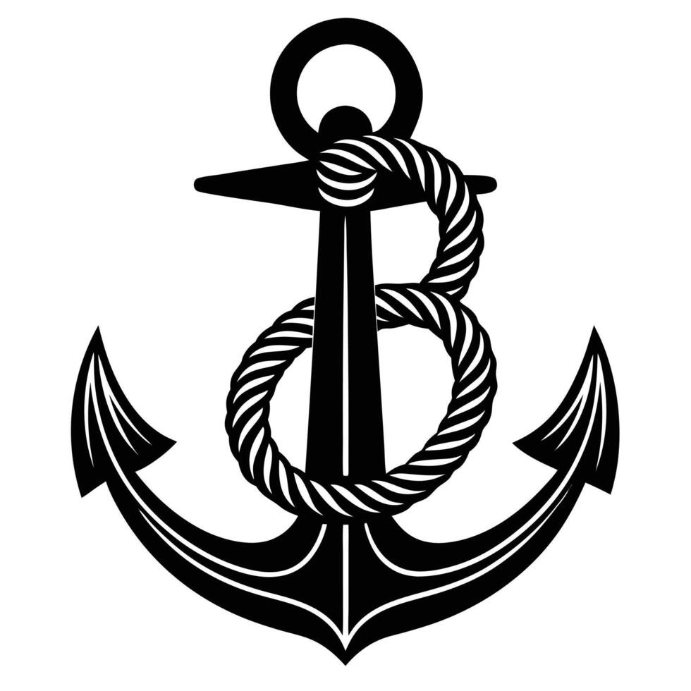 Black and white nautical anchor wrapped in rope illustration vector