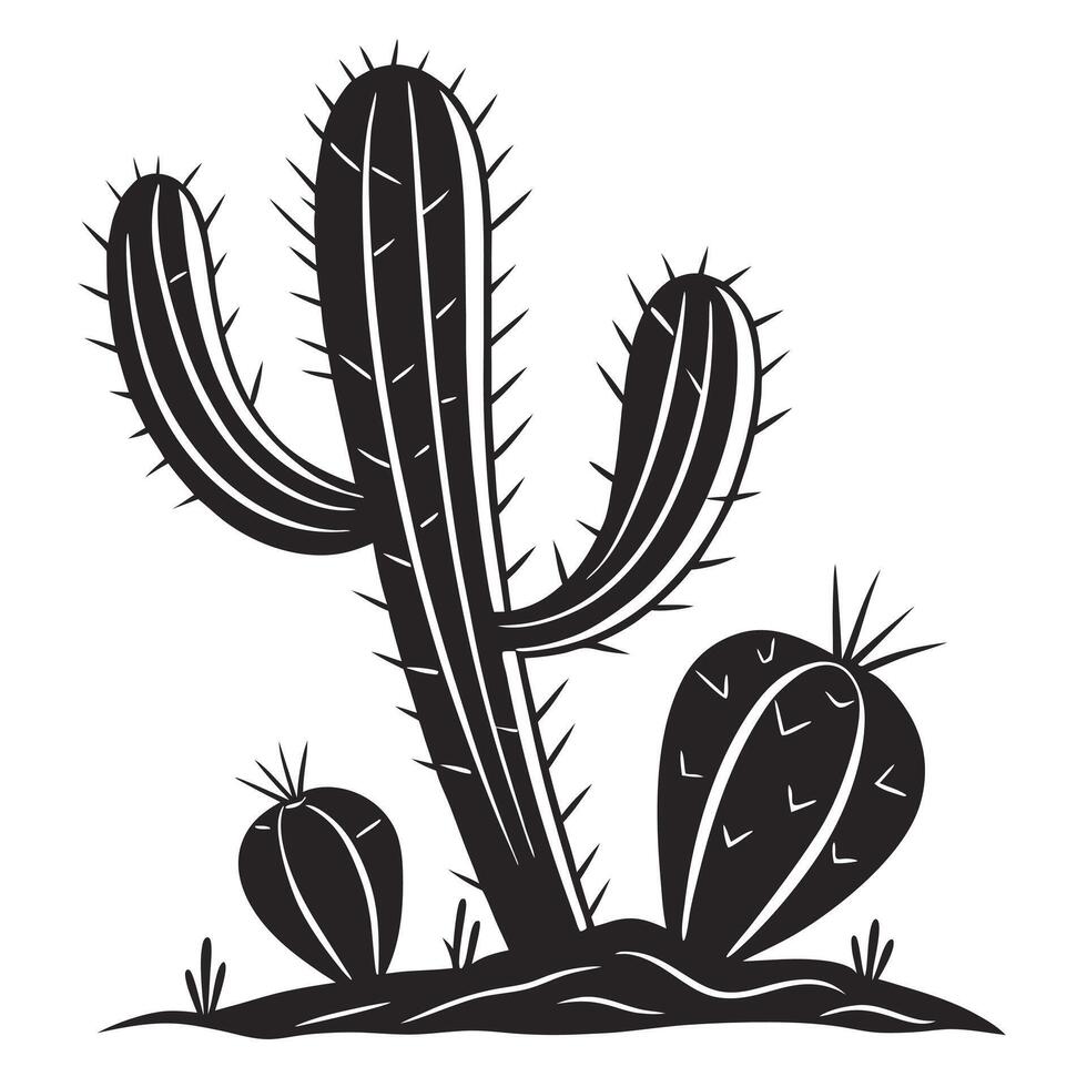 Black and white simple graphic of desert cactus plants silhouette vector