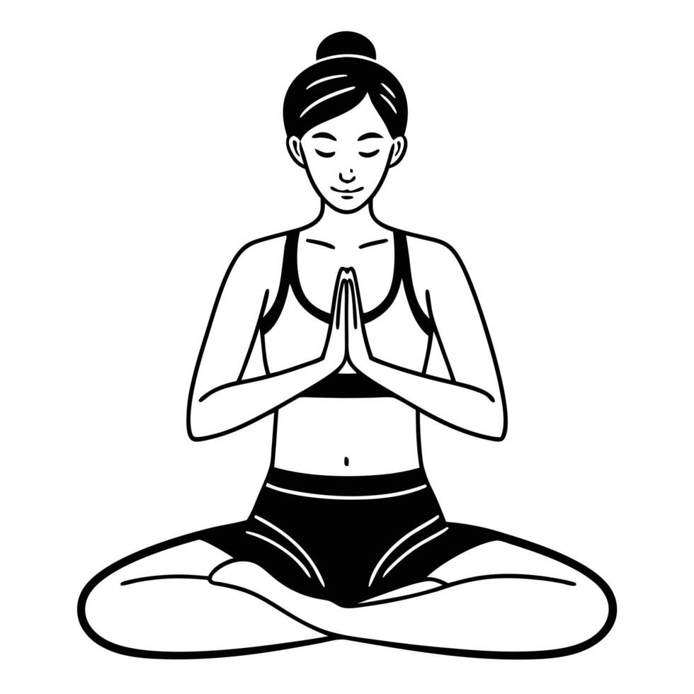 Black and white illustration of a woman meditating in lotus position vector