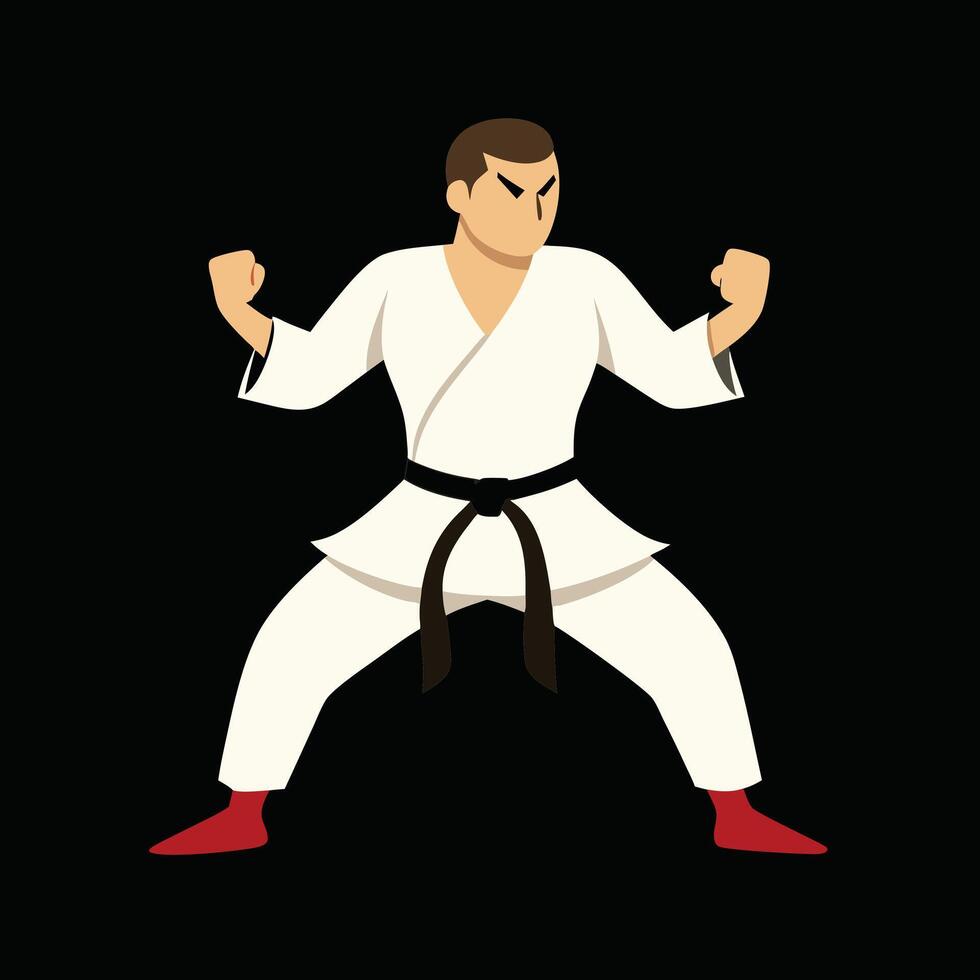 Karate practitioner in fighting stance with white gi and black belt vector