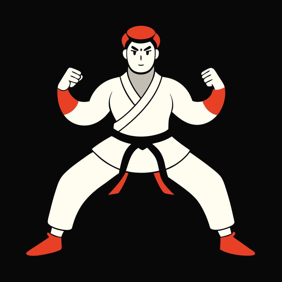 Karate fighter posing isolated on black background minimalistic illustration vector