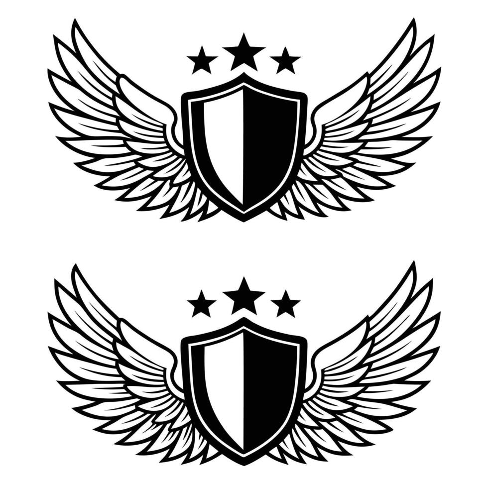 Winged shield with stars black and white set design element vector