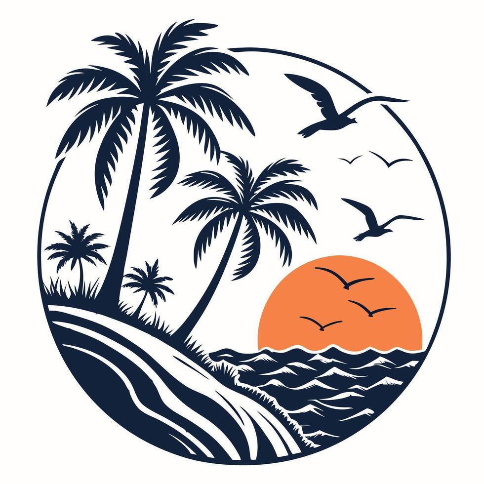 Tropical island scene with palm trees birds and ocean sunset vector