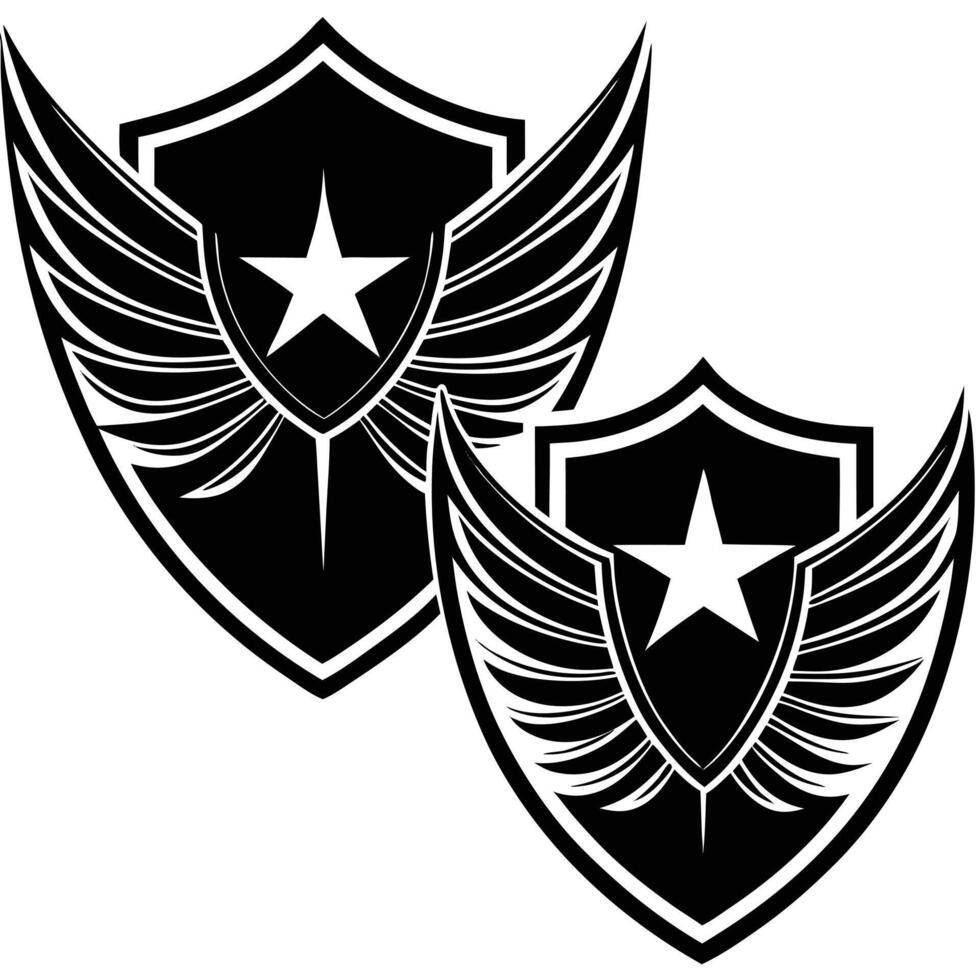 Black and white shield with wings and star emblem design vector
