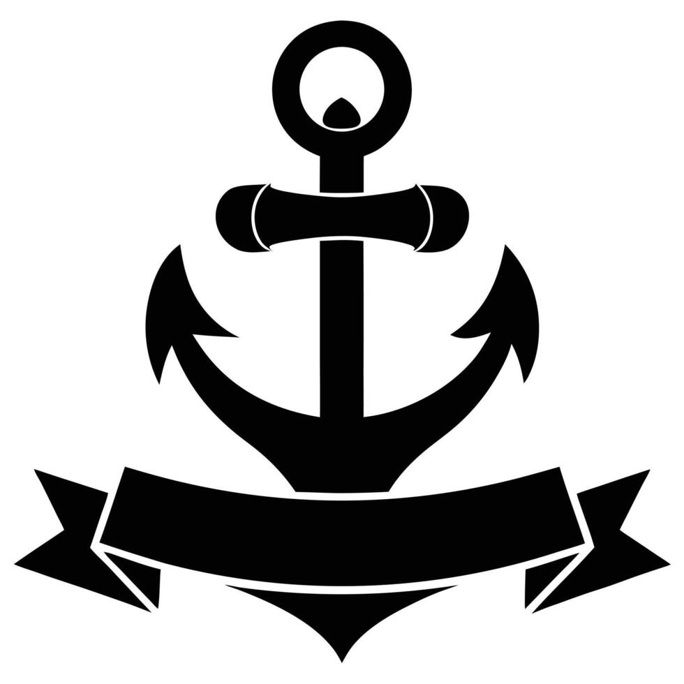 Black silhouette of classic sea anchor with ribbon banner design vector