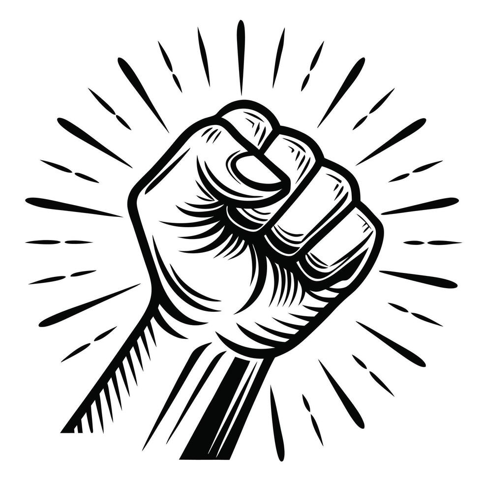 Raised fist symbol of power strength solidarity in black and white vector