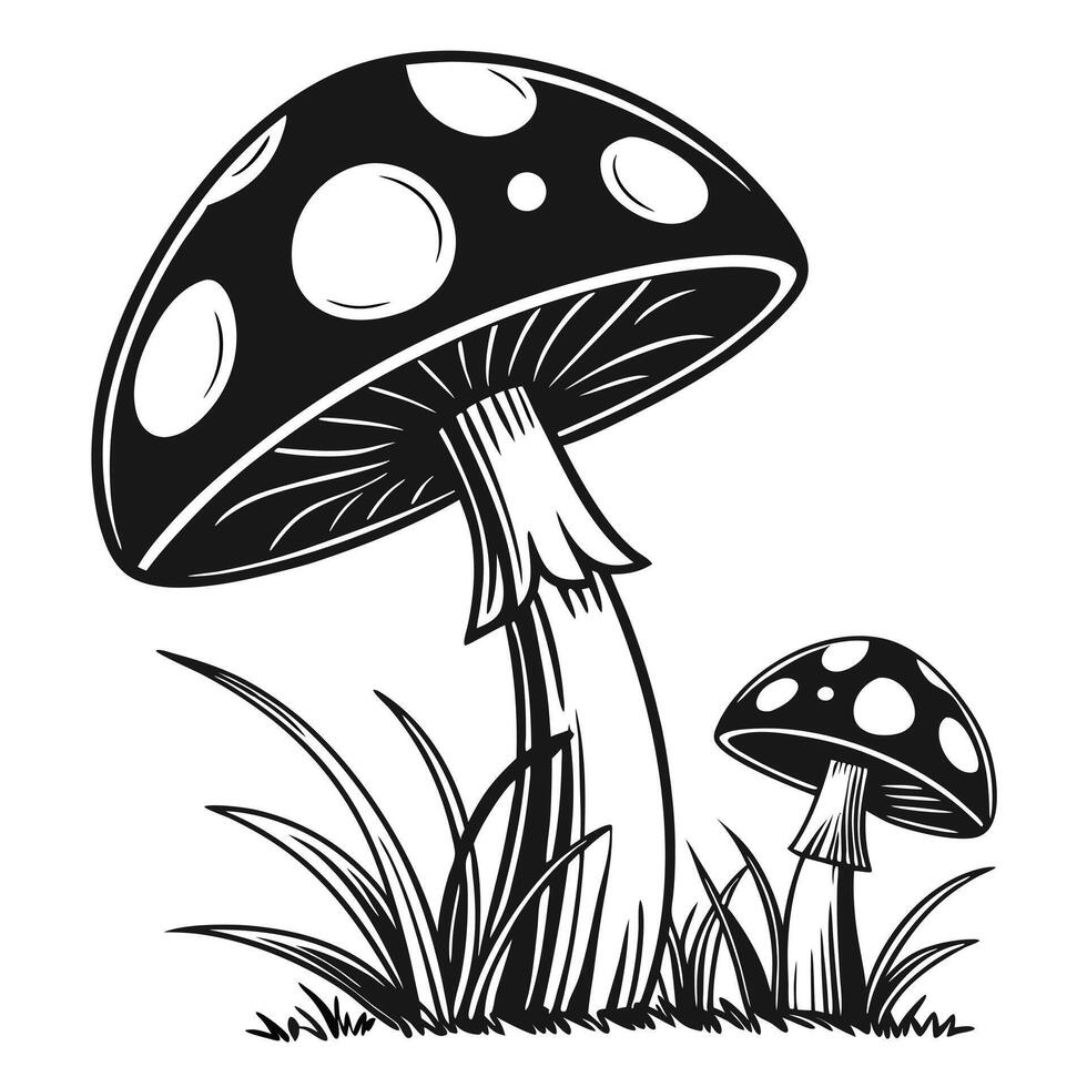 Black and white mushroom illustration with grass art vector
