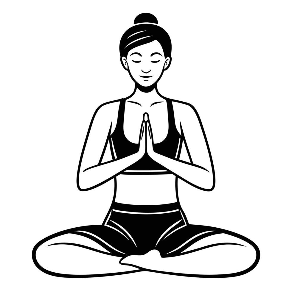 Woman in lotus position meditating yoga pose black and white vector