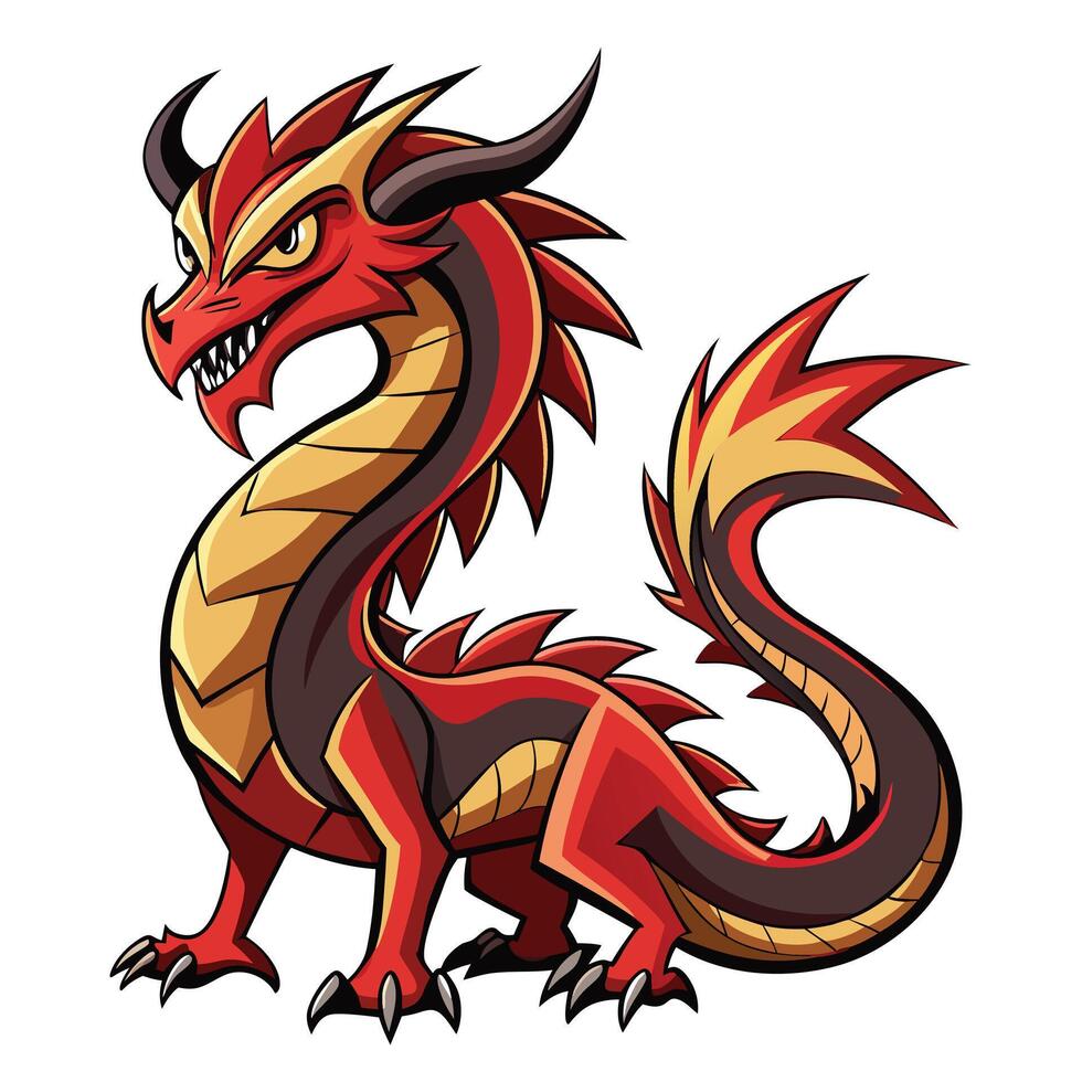 Cartoon illustration of red dragon with golden details standing proudly vector