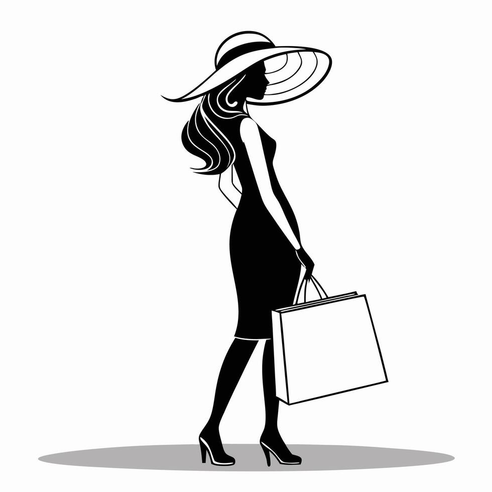 Silhouette of fashionable woman with shopping bag wearing hat and dress vector