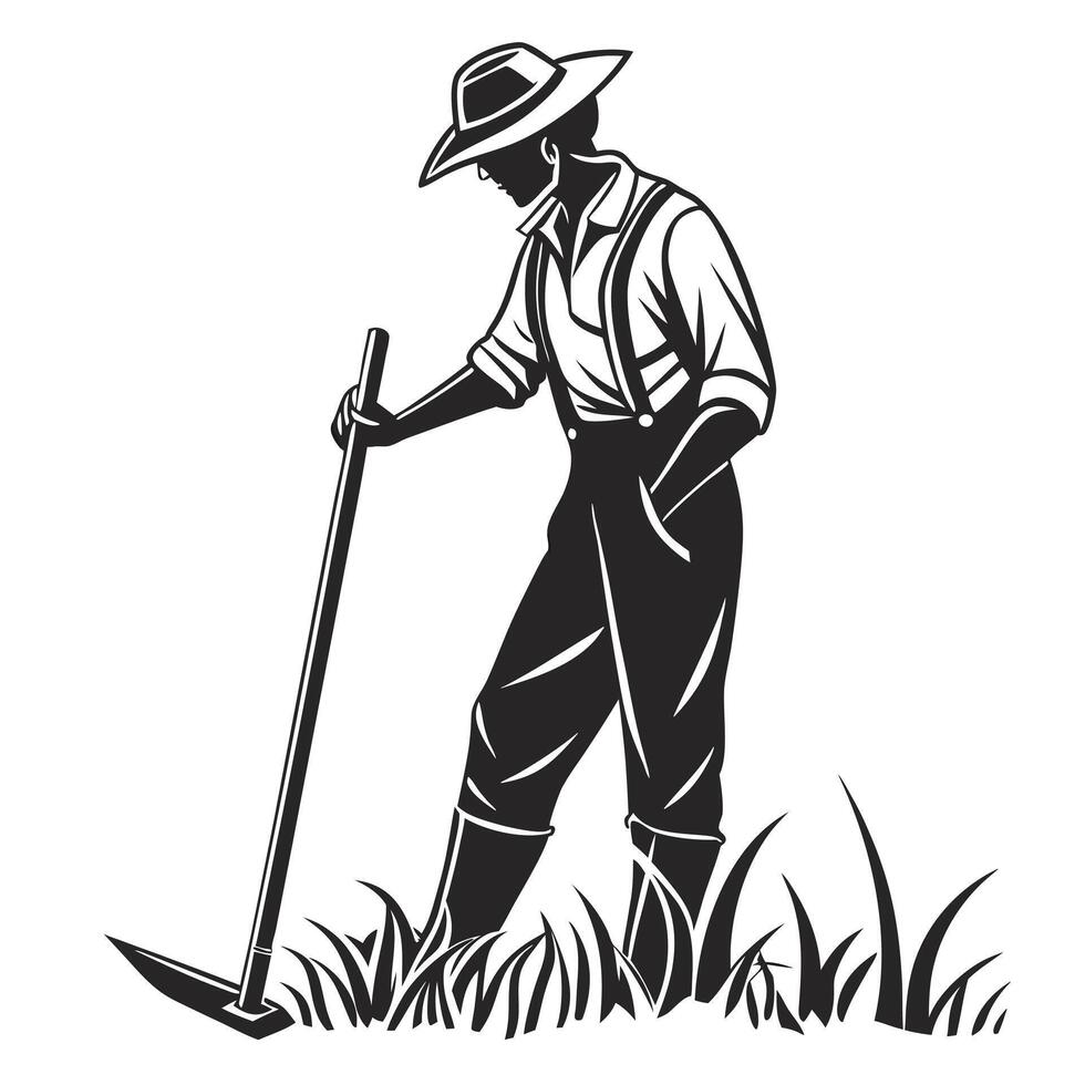 Black and white silhouette of farmer with hoe in field illustration vector