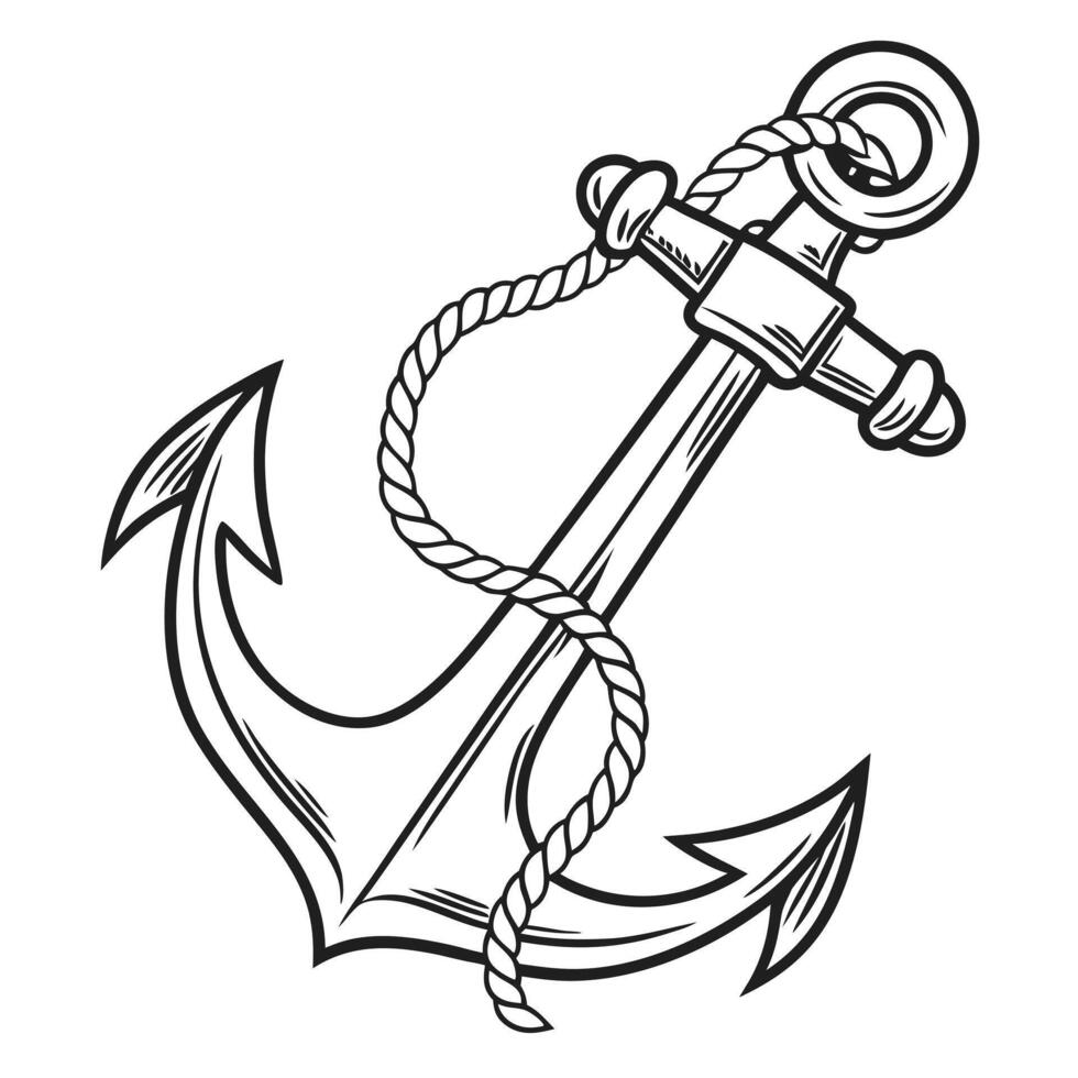 Hand drawn anchor with rope illustration on white background vector