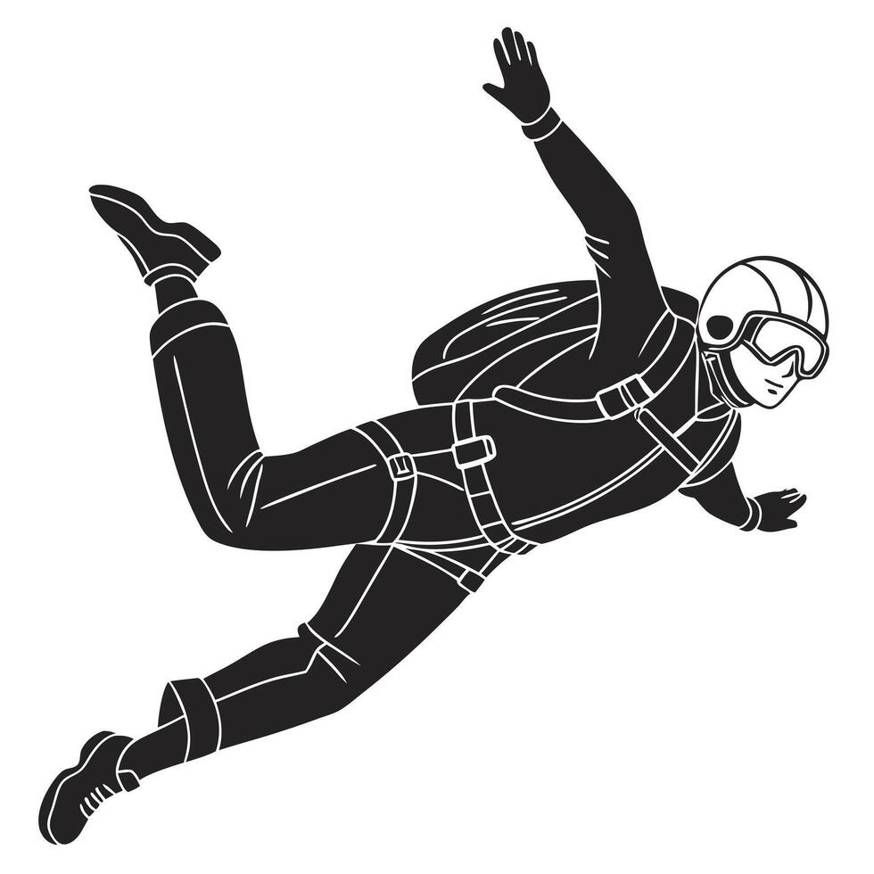 Black and white skydiver silhouette falling through the air freely vector