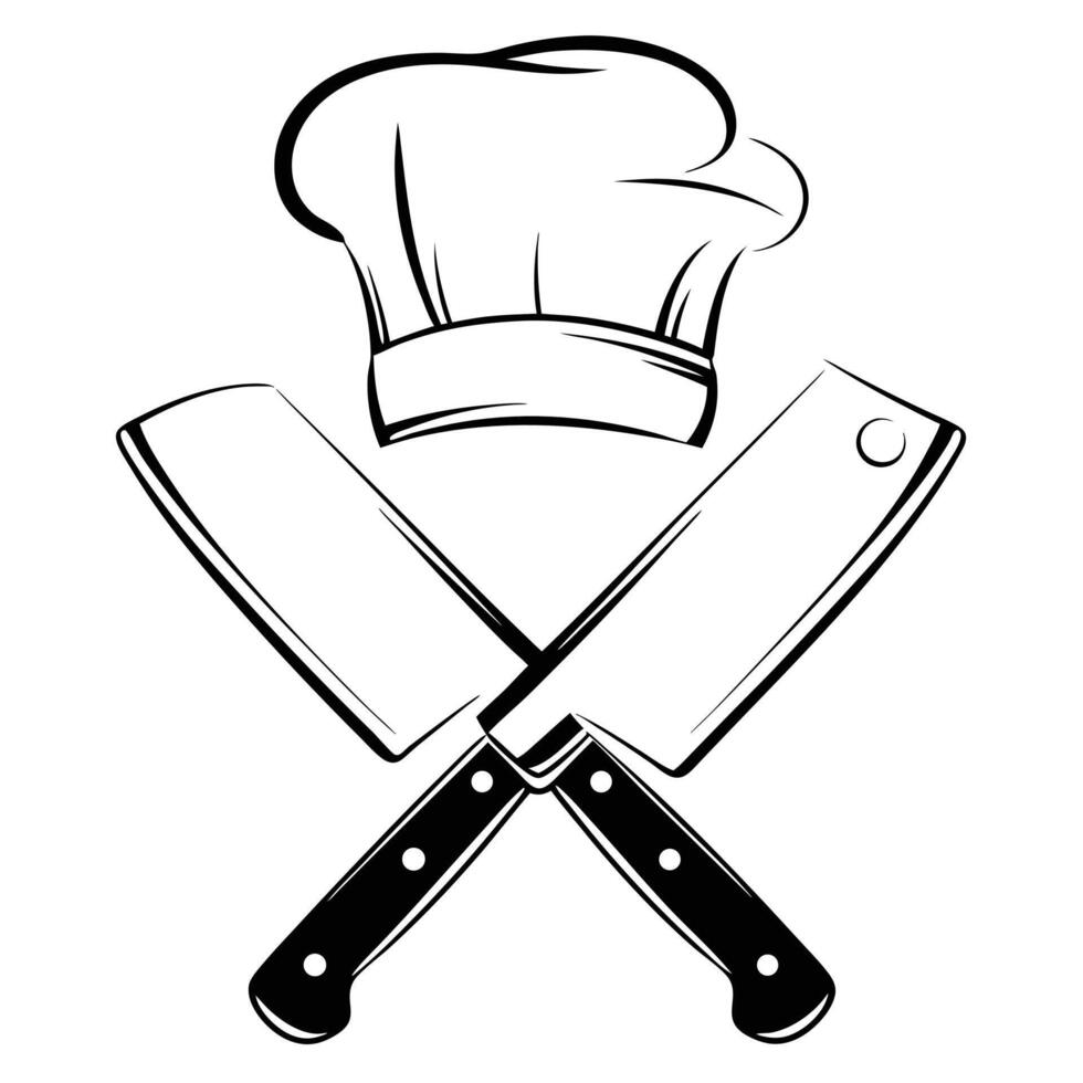 Crossed cleavers under a chef hat black and white culinary design vector