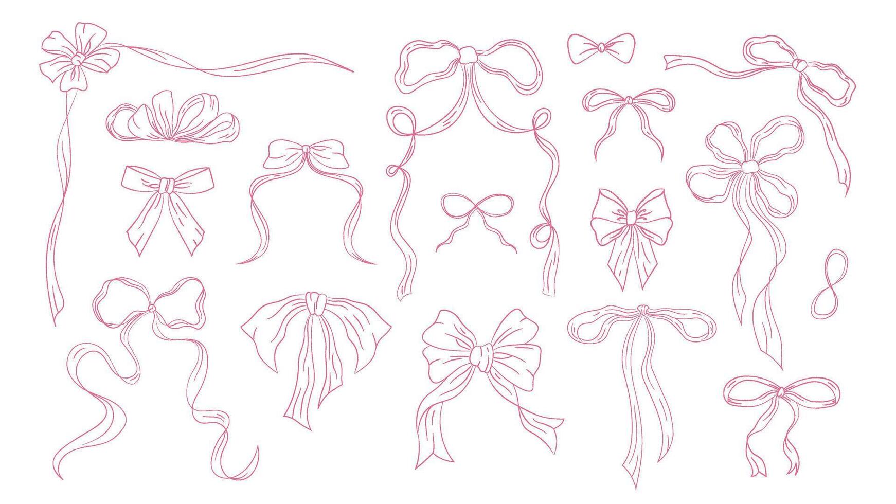 Set of vintage bows in coquette style, retro ribbons outline. Whimsical ribbons, bows on white background. elements vector