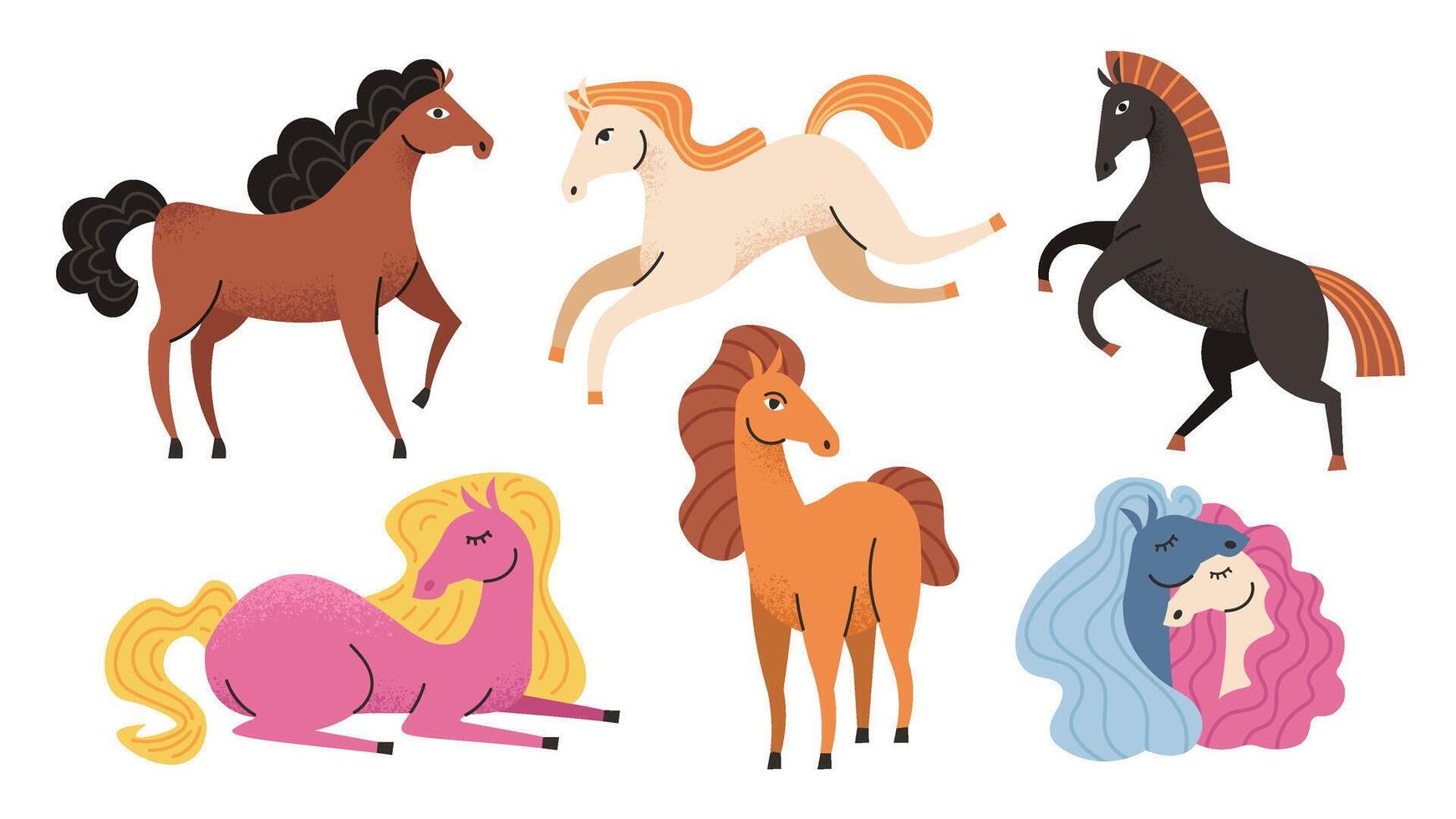 Set of funny cartoon horses. Hand drawn horses. Symbol, mascot of the year 2026. Chinese horse vector