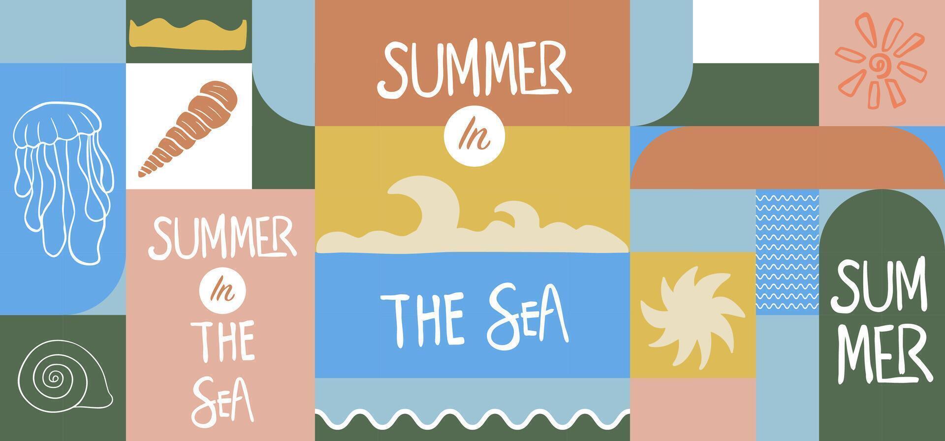 Summer geometric banner background with shell,jellyfish. graphic for horizontal design vector