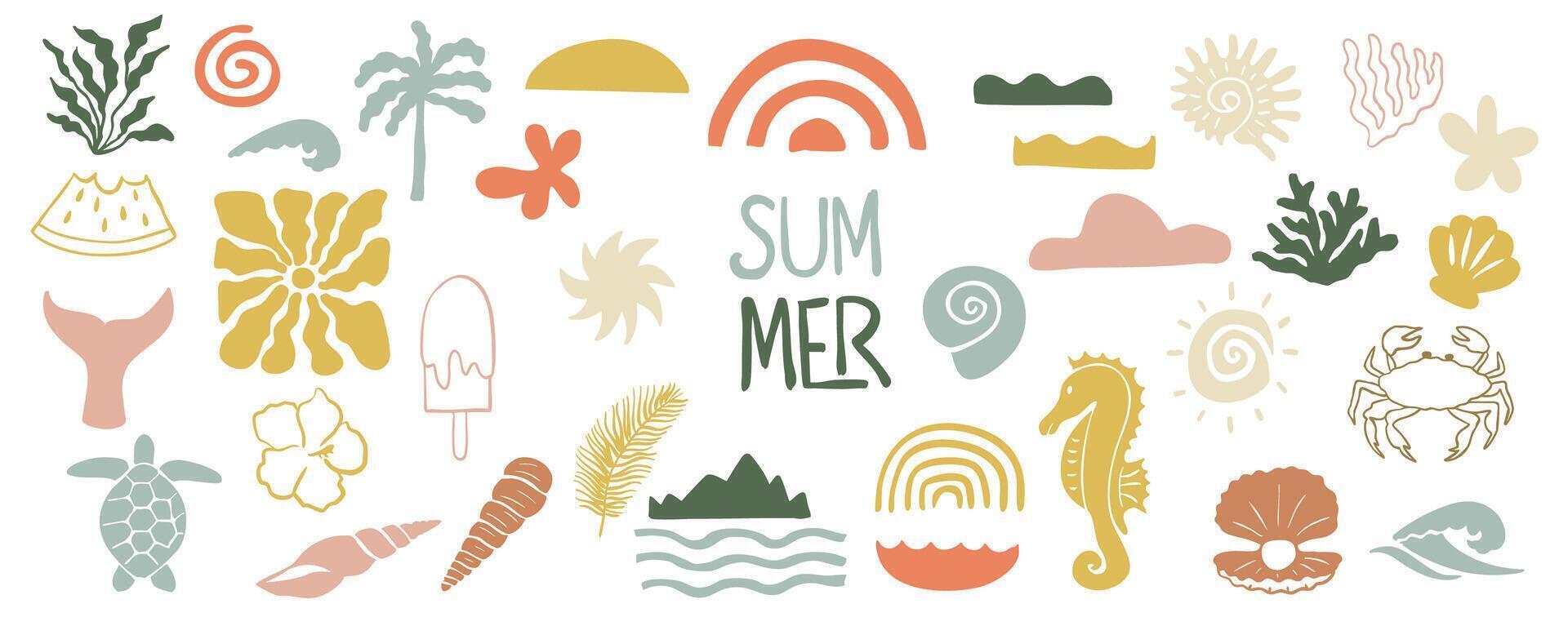 summer groovy icon with rainbow,seahorse,turtle for kid design vector