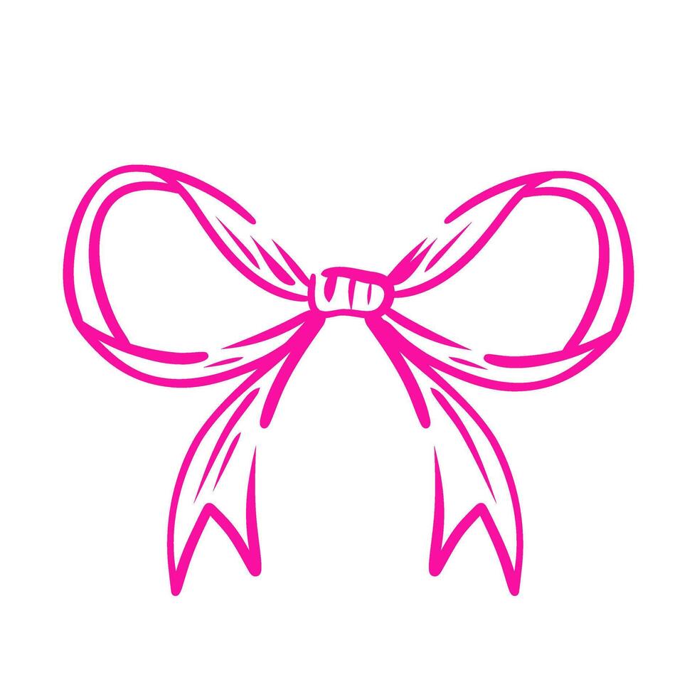 Decorative pink bow. Coquette bow. Hand drawn girly decor. Line illustration design element for Valentine day and wedding invitations, christmas cards, poster. vector