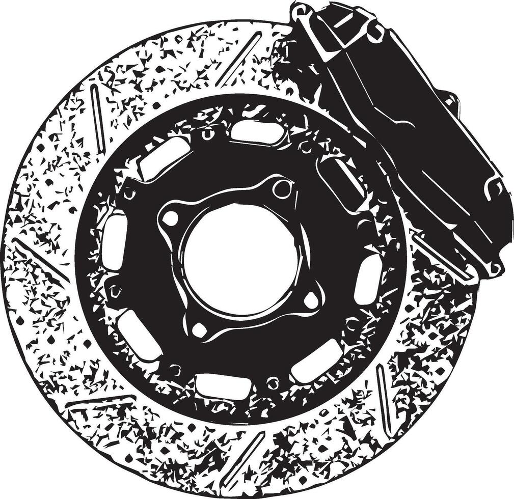 Black and white illustration of a motorcycle disc brake system in grunge style vector