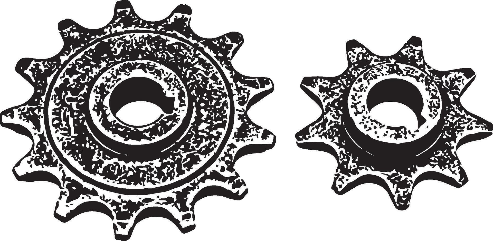 Grunge illustration of two mechanical gears in black and white. vector