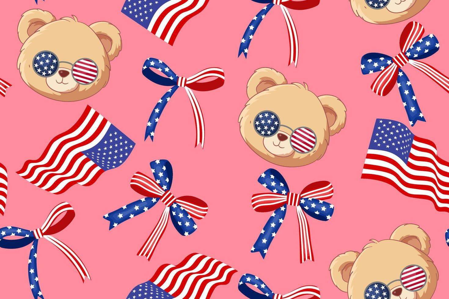 Cute bear with the US flag bow seamless pattern for 4th of July celebration vector