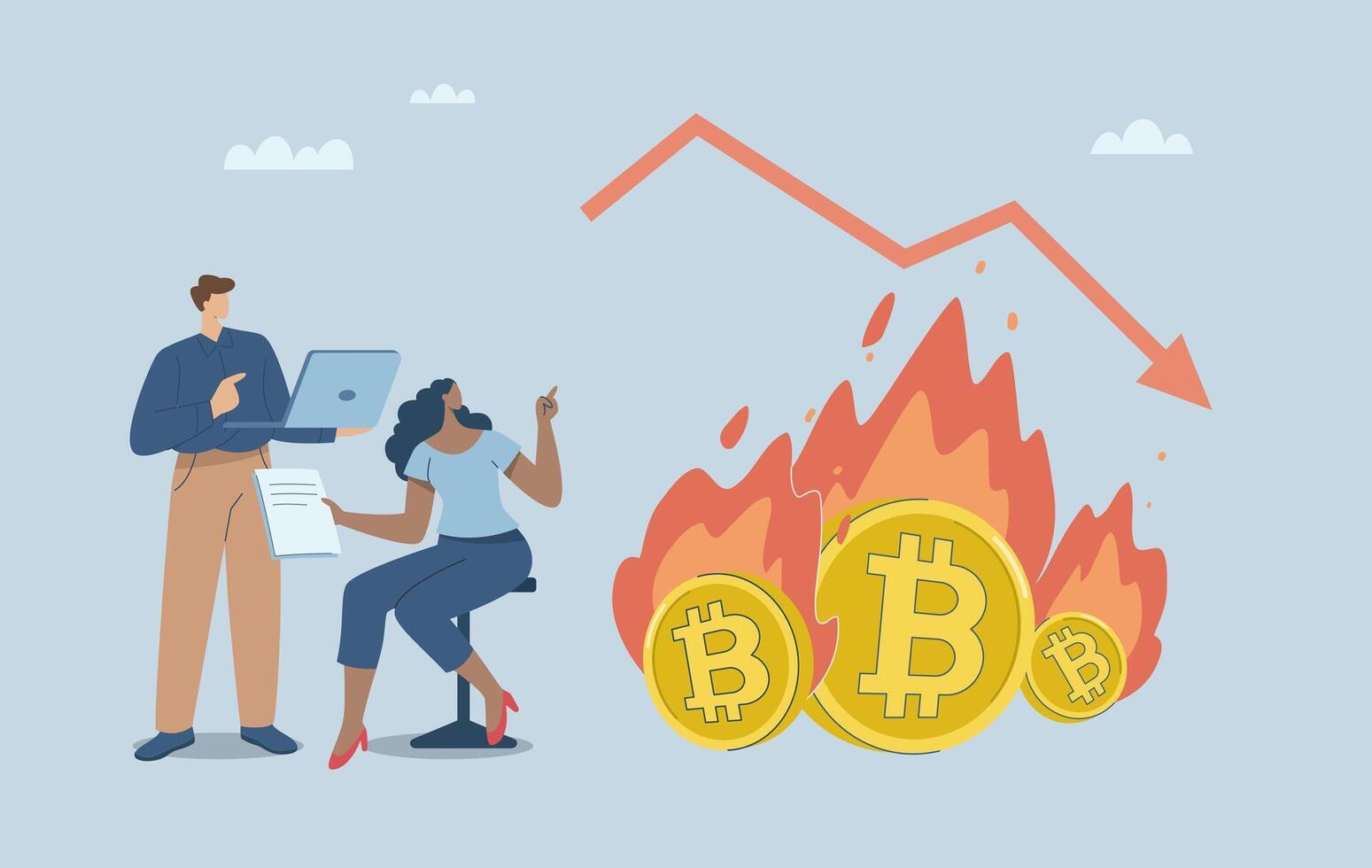 Burning or destroying cryptocurrency coins, Male and female investors burning bitcoins, Permanently reducing the number of coins removed from circulation, Adding value to a digital currency. vector