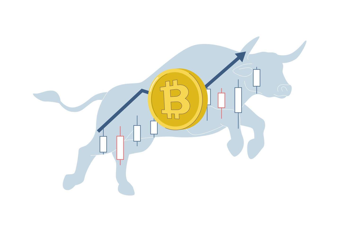 Cryptocurrency stock prices surge in bull market, Bitcoin trading bullish position, Profit, Growth, Bitcoin running up following arrow, Flat design illustration. vector