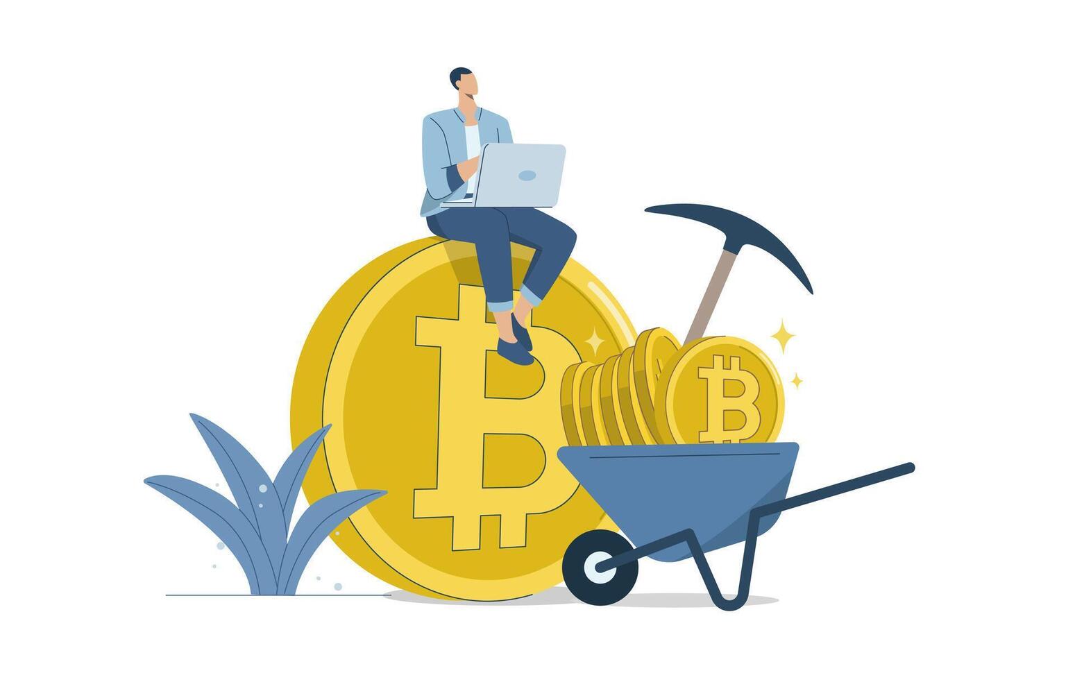 Bitcoin mining and blockchain technology, Process by which new Bitcoins are created in the system, New financial innovation, Male investor sits on bitcoin watching cryptocurrency mining. vector