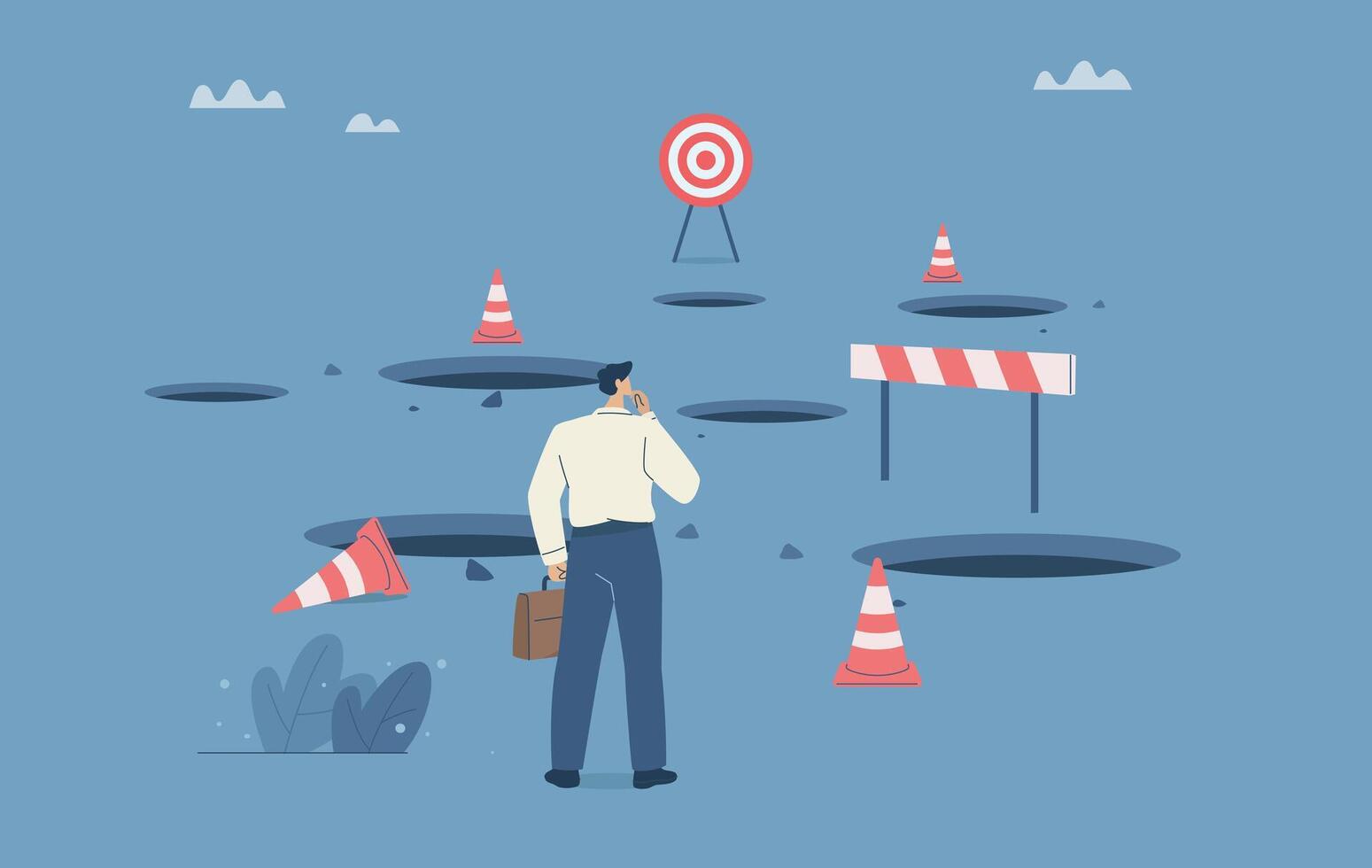 Business obstacles, pitfalls, Analysis of ways to avoid business failure, Risk of economic crisis, Businessman thinking of solving many traps and obstacles ahead, Flat design illustration. vector