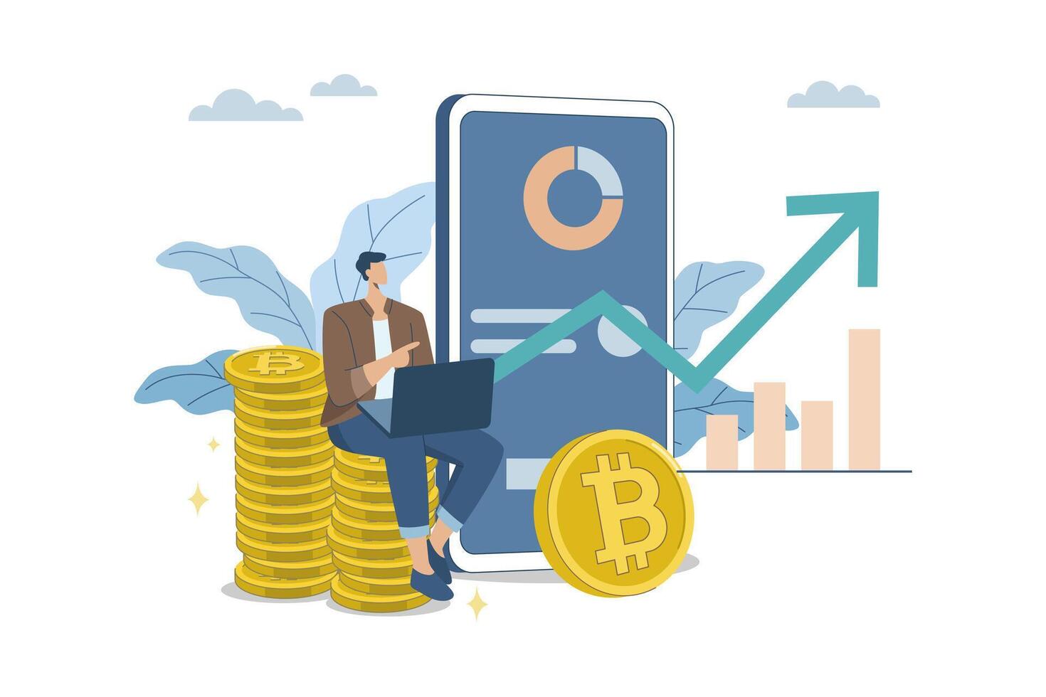 Male investor trading bitcoins via website or application, Opportunity to make profit from digital currency, Modern innovative investment options, Flat design illustration. vector