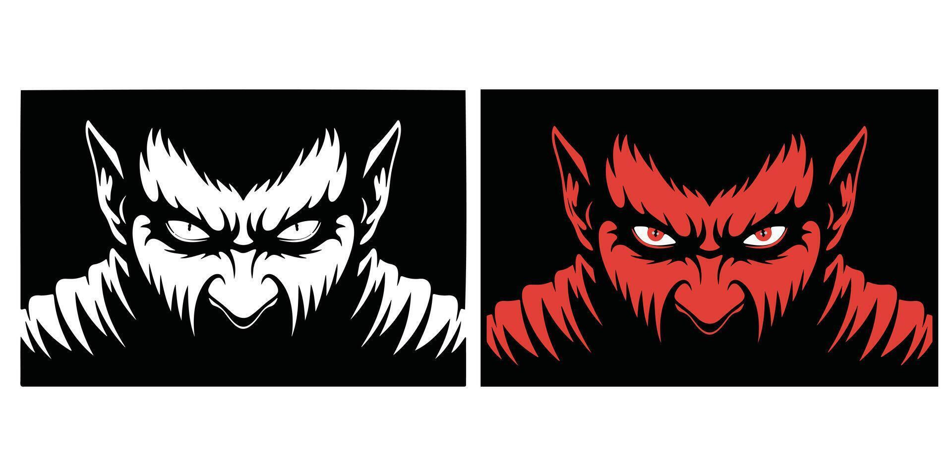 Intense monster faces in black and red silhouette. vector