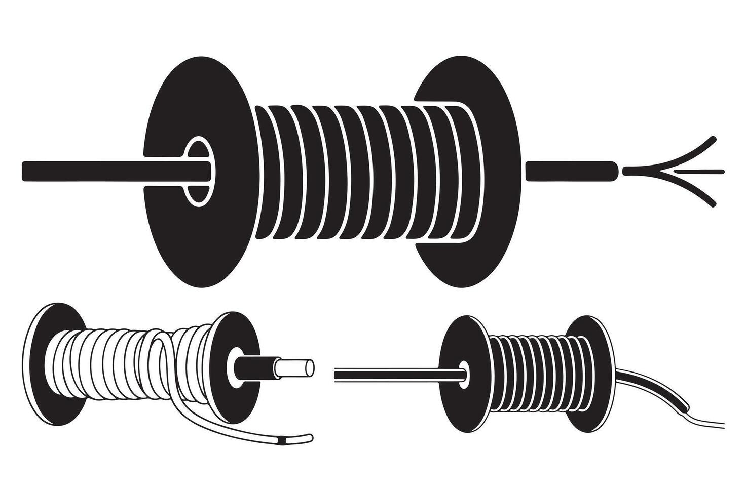 Simple Black and White Illustration of Coiled Electrical Cables on Reels vector