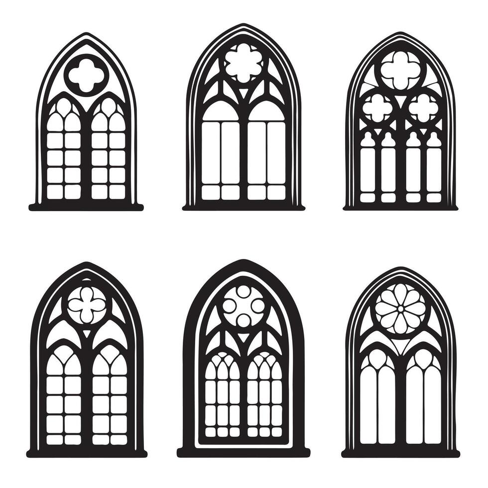 Six Gothic Architectural Window Designs vector