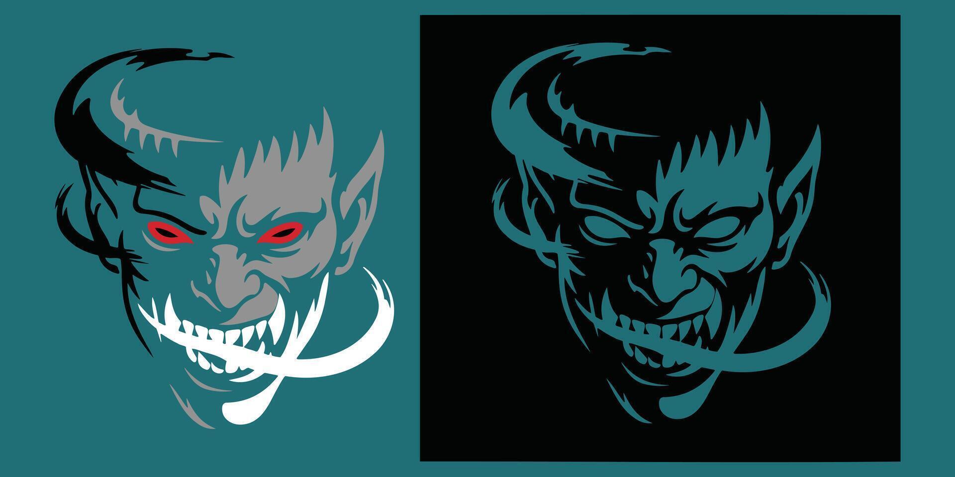 Ferocious Demon Head Design in Teal and Black vector