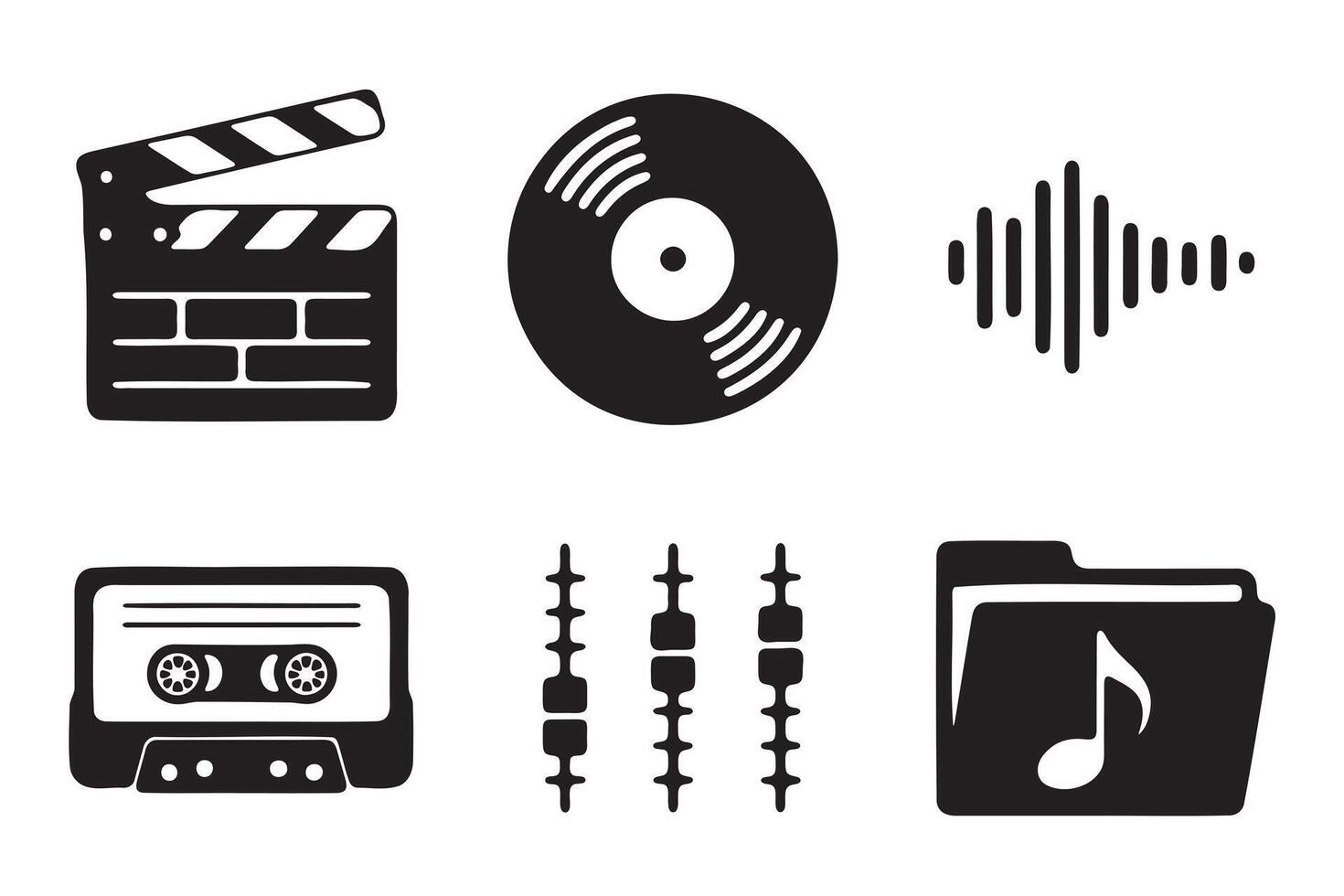 Collection of vintage music and film icons in a simple design. vector