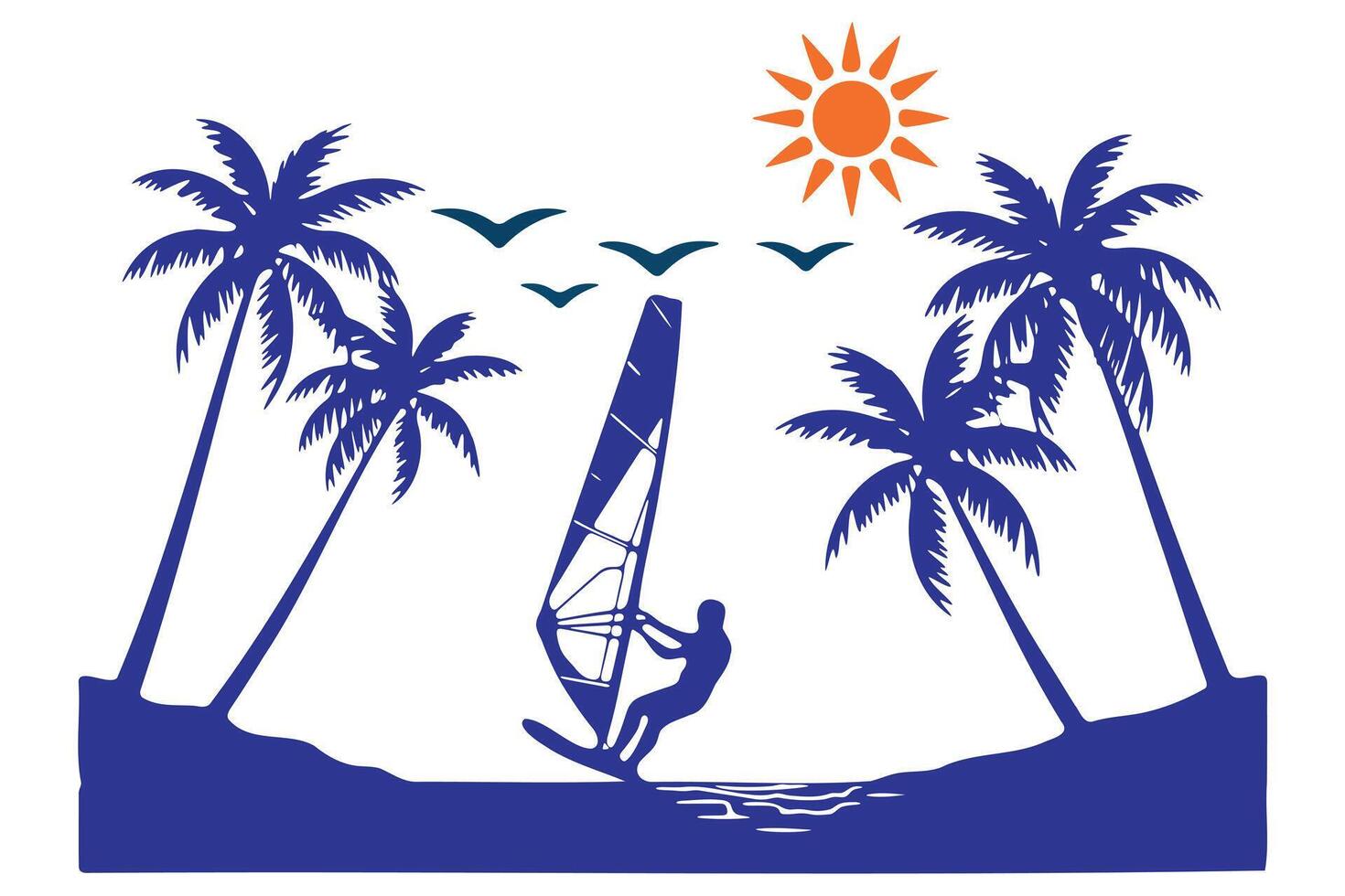 Windsurfing Silhouette Against Tropical Paradise vector