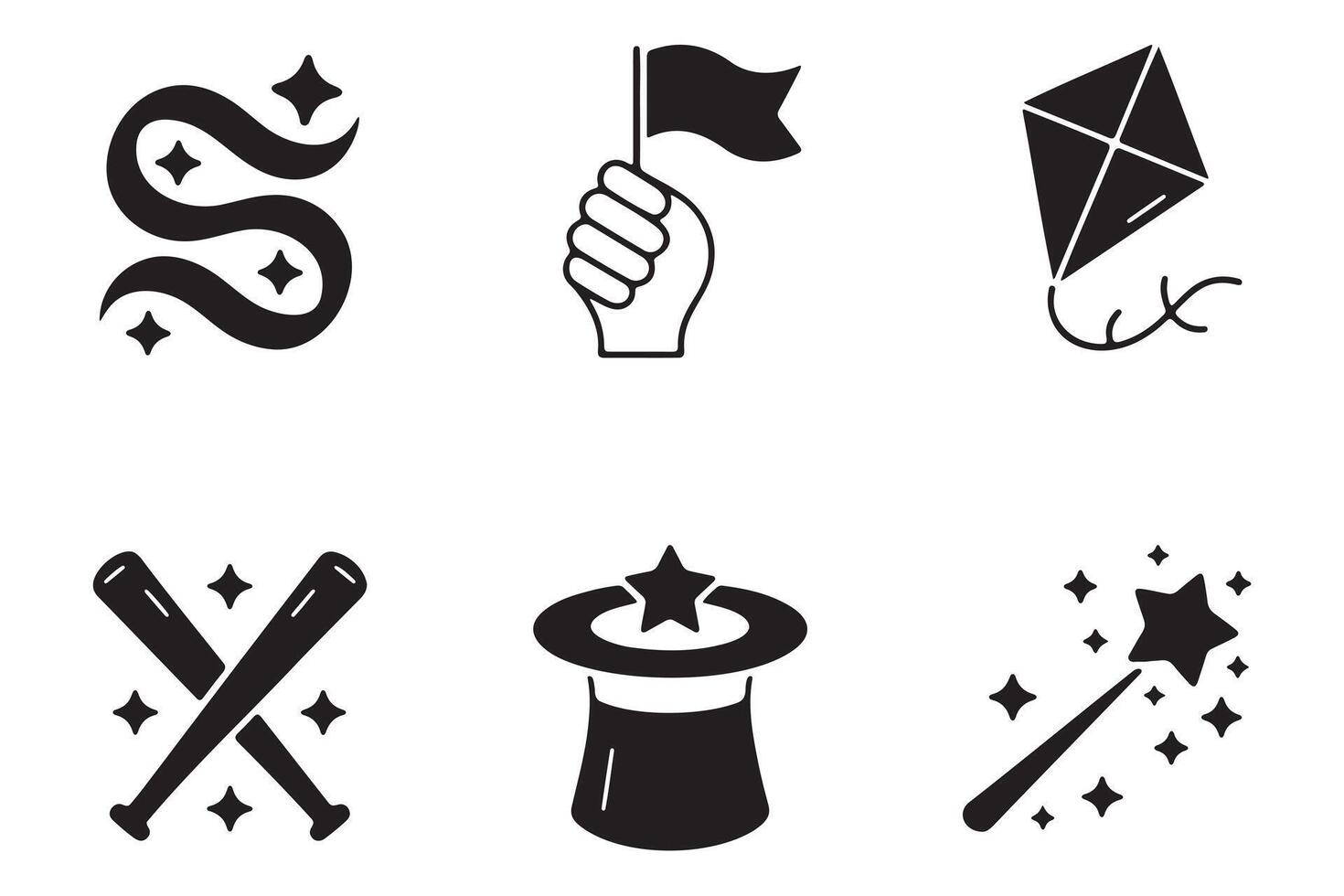 Set of black and white icons depicting magic, sports, and fun activities. vector