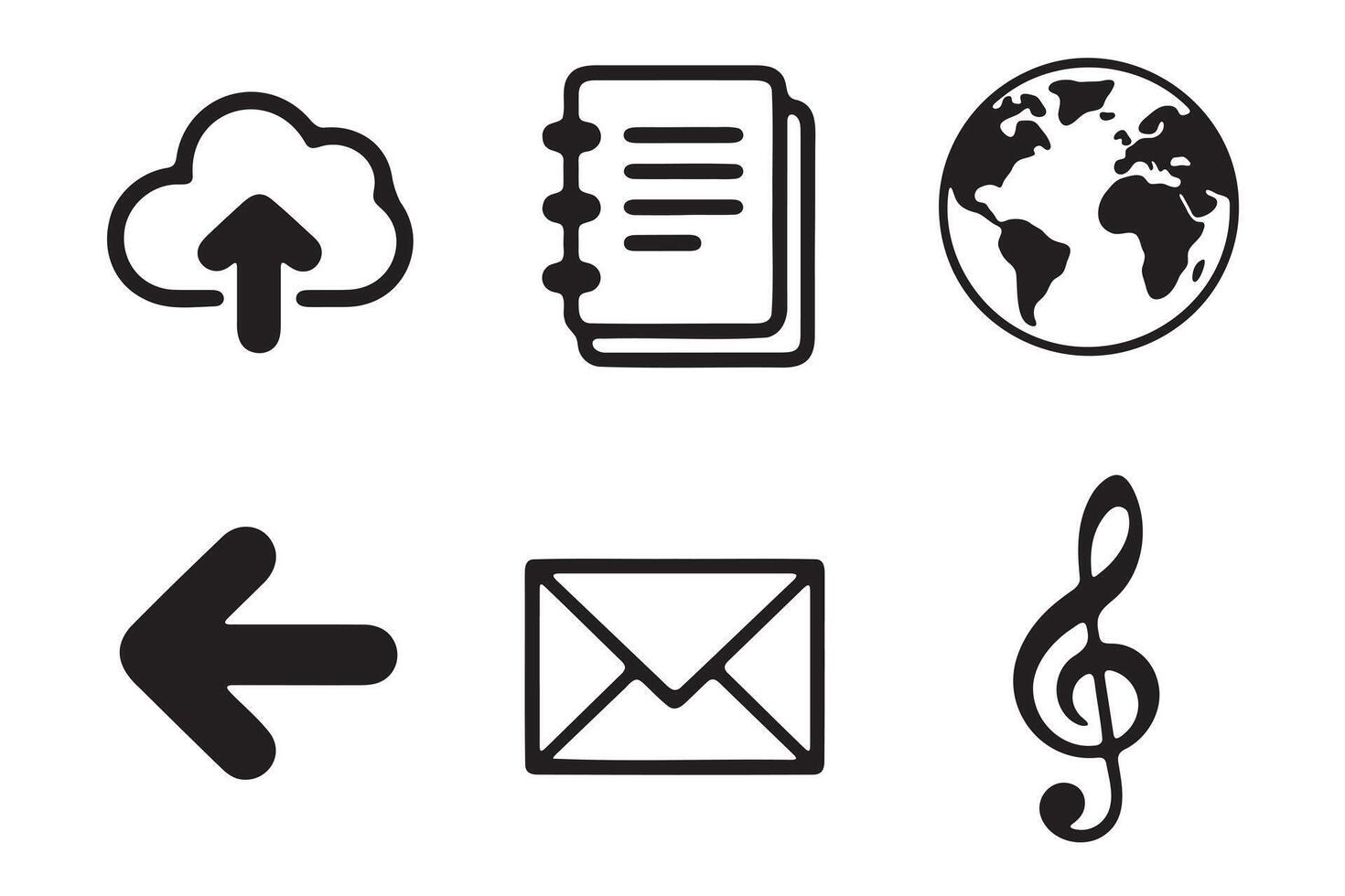 Simple black and white icons representing global communication and digital tools. vector