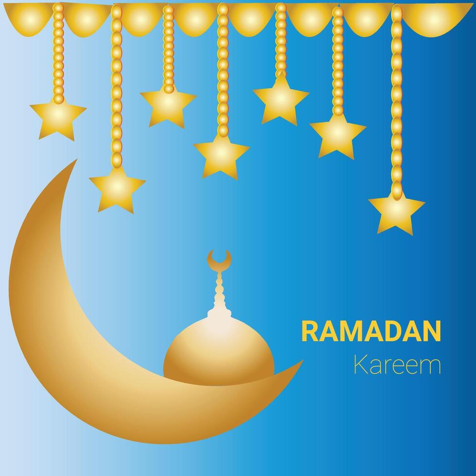 A beautifully designed Ramadan greeting card featuring golden Islamic elements such as a crescent moon, mosque dome, and hanging stars on a blue gradient background. vector