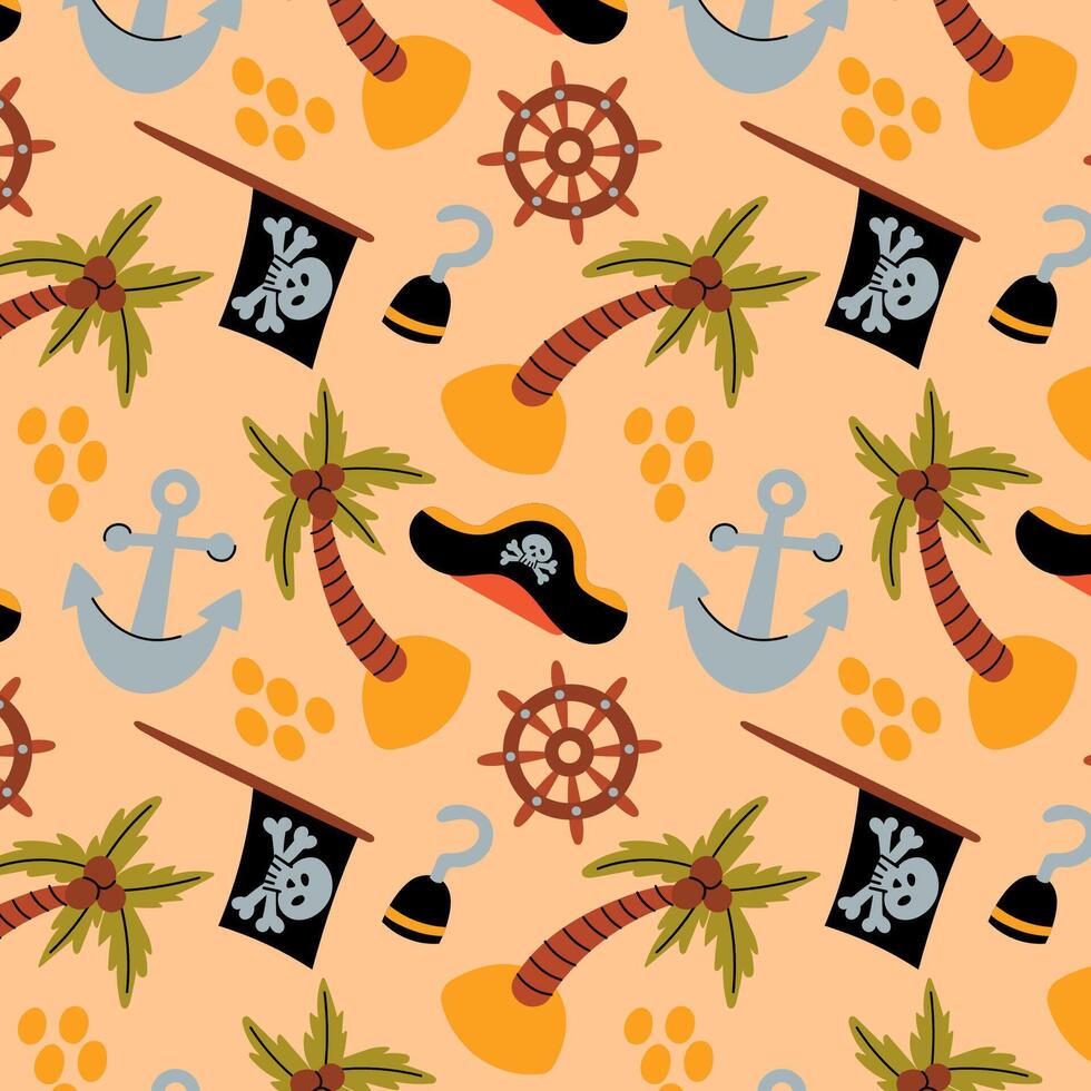 Seamless pirate-themed pattern. Hand drawn perfect for childrens textiles, wrapping paper, party decor, adventure-themed products, and stationery. vector