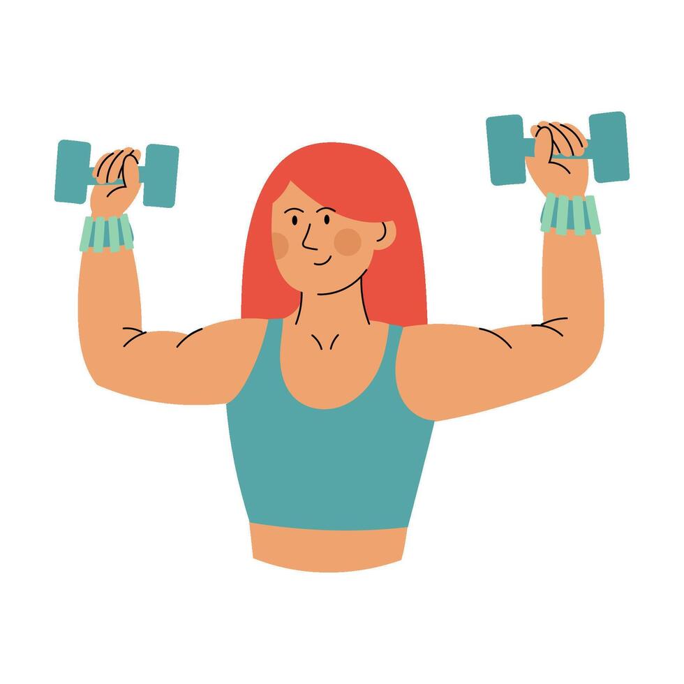 Strong woman lifting dumbbells. Illustration of a fit woman exercising with dumbbells, symbolizing strength, fitness, and healthy lifestyle for wellness concepts vector