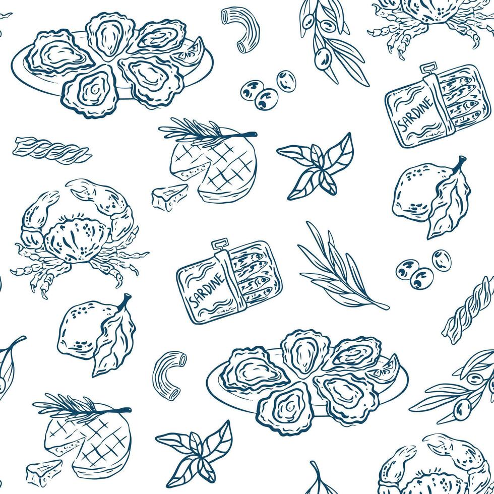 Hand drawn Mediterranean cuisine seamless pattern. Italy la dolce vita coast food coastal print, wrap paper, retro fabric, textile design. Doodle sketch crayon drawing style illustration. vector