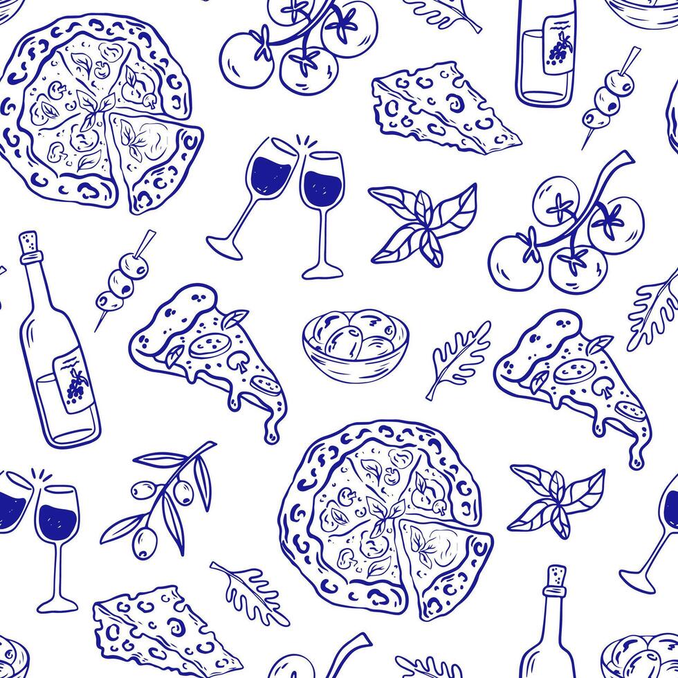 Hand drawn Mediterranean cuisine seamless pattern. Italy la dolce vita coast food coastal print, wrap paper, retro fabric, textile design. Doodle sketch crayon drawing style illustration, vector