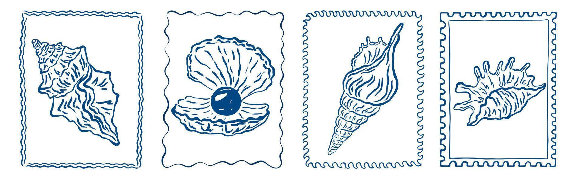 Vintage marine stamp with hand drawn seashells. Minimalist vintage marine prints. Summer coastal design elements for trendy poster, invitation, banner, menu cover. Retro frame or border design,, vector