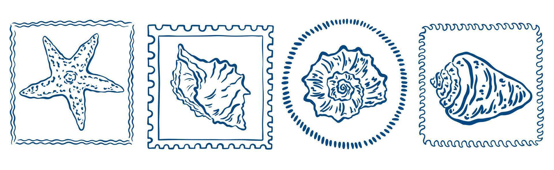 Vintage marine stamp with hand drawn seashells. Minimalist vintage marine prints. Summer coastal design elements for trendy poster, invitation, banner, menu cover. Retro frame or border design,,. vector