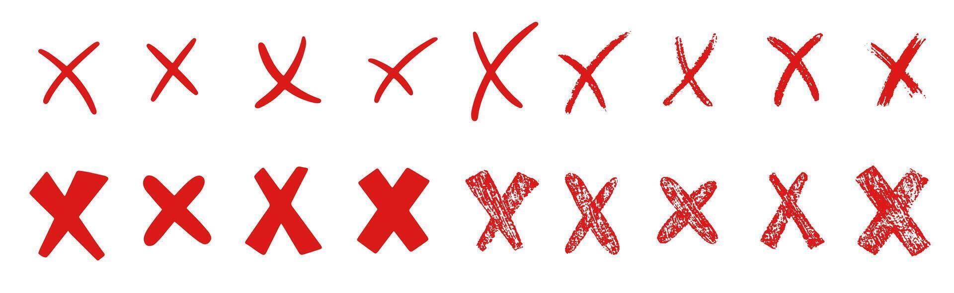 Cross signs doodle set. Check marks, Checkbox, checklist, strikethrough textured brush charcoal or marker hand drawn lines. Hand drawn illustration isolated on white background vector