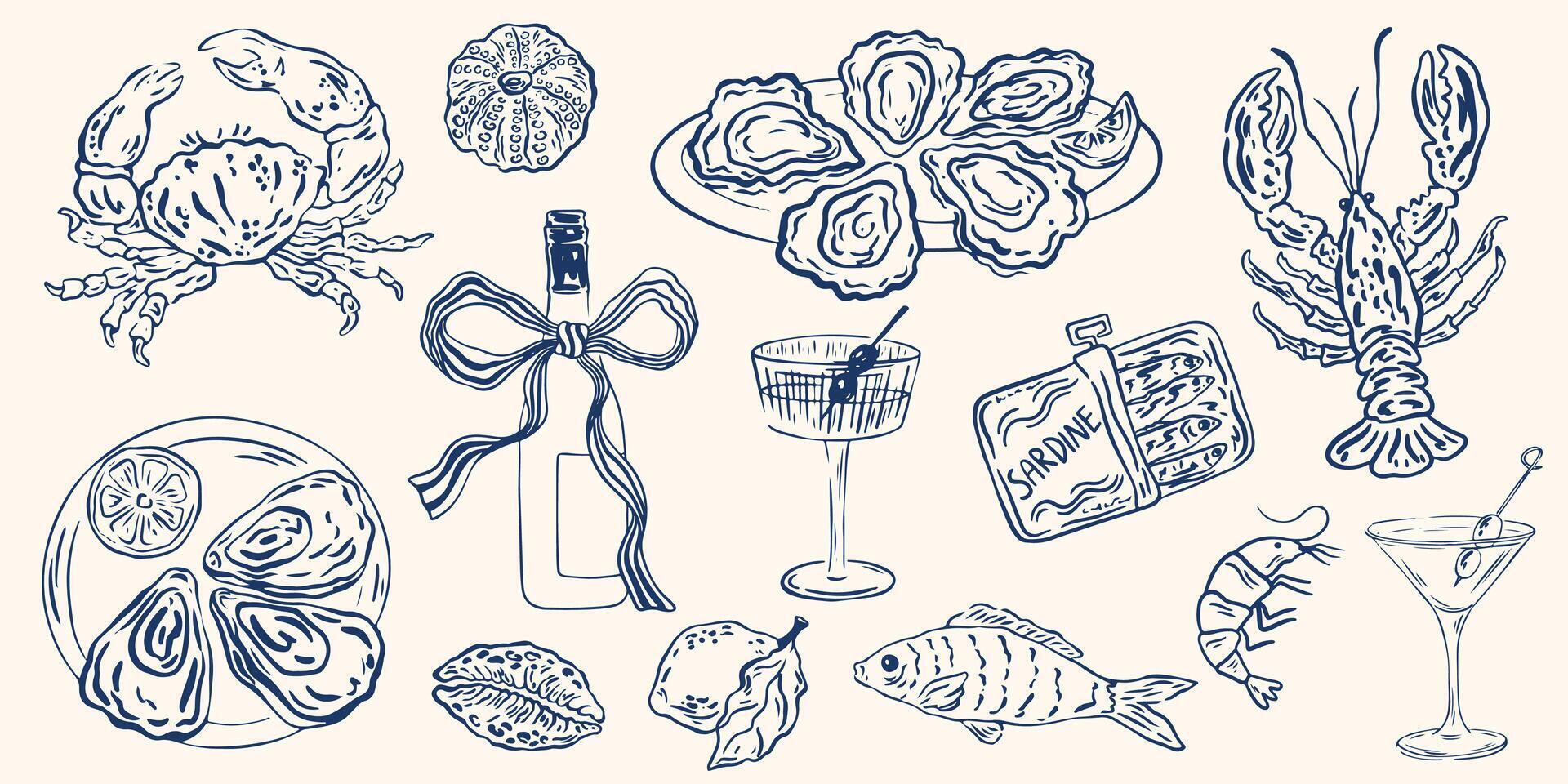 Hand drawn crayon seafood set. Sketch style lunch elements, oysters, mussels, shrimps, ink, crayon or chalk drawing. doodle line art Illustration for placard, poster, menu and package design. vector